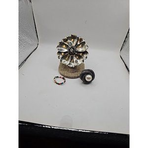 Lot Of 3 Rings  Stretch Band Mesh faux Pearl  Large Floral With   Rhinestone ...